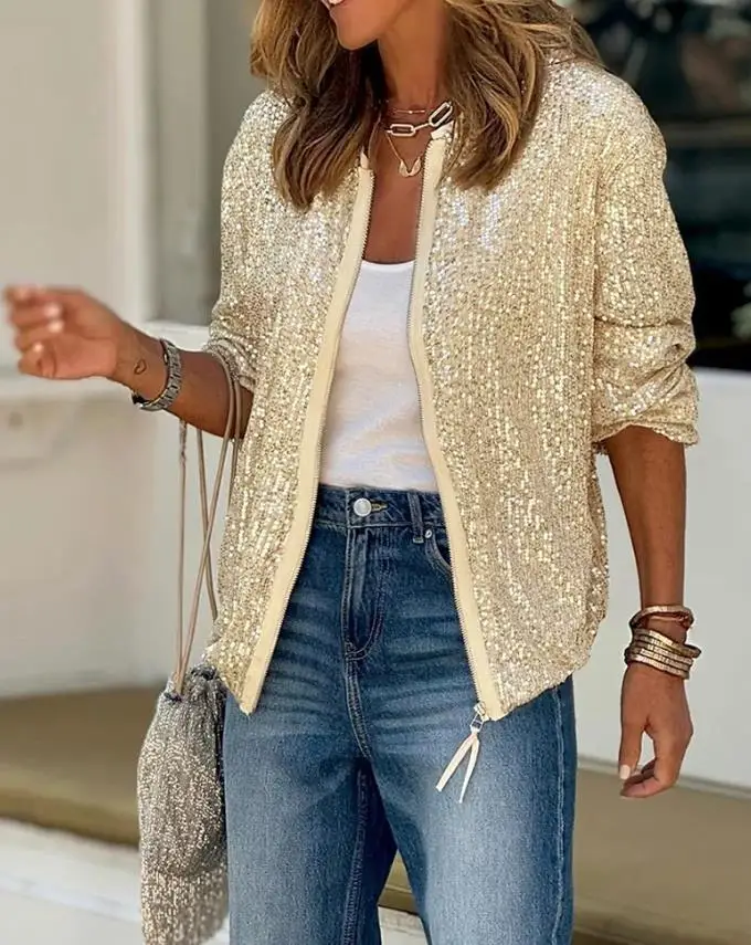 

Women's Jacket 2025 Spring Autumn New Solid Color Long Sleeve Open Front Sequin Jacket Casual Loose Fit Party Zipper Jacket Top