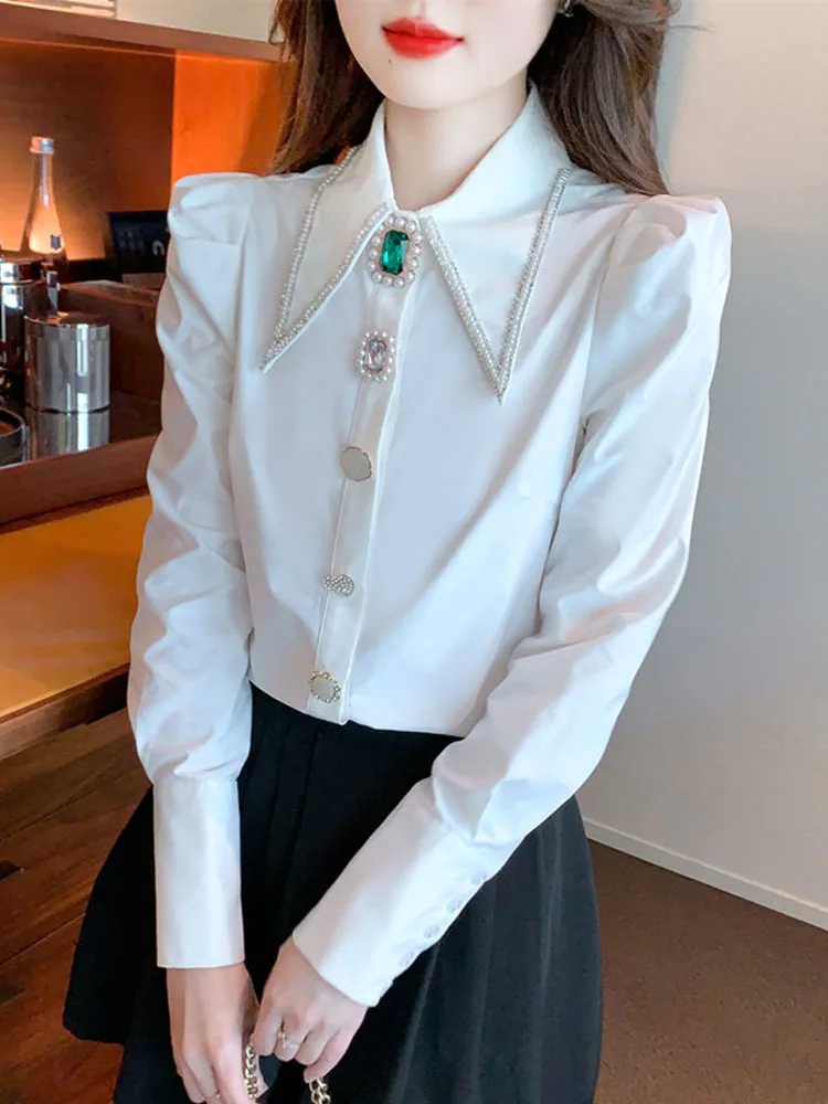 New Autumn Luxury Beaded Diamond Blouse Shirt For Women\'s Long Sleeve Versatile White Elegant Top Spring