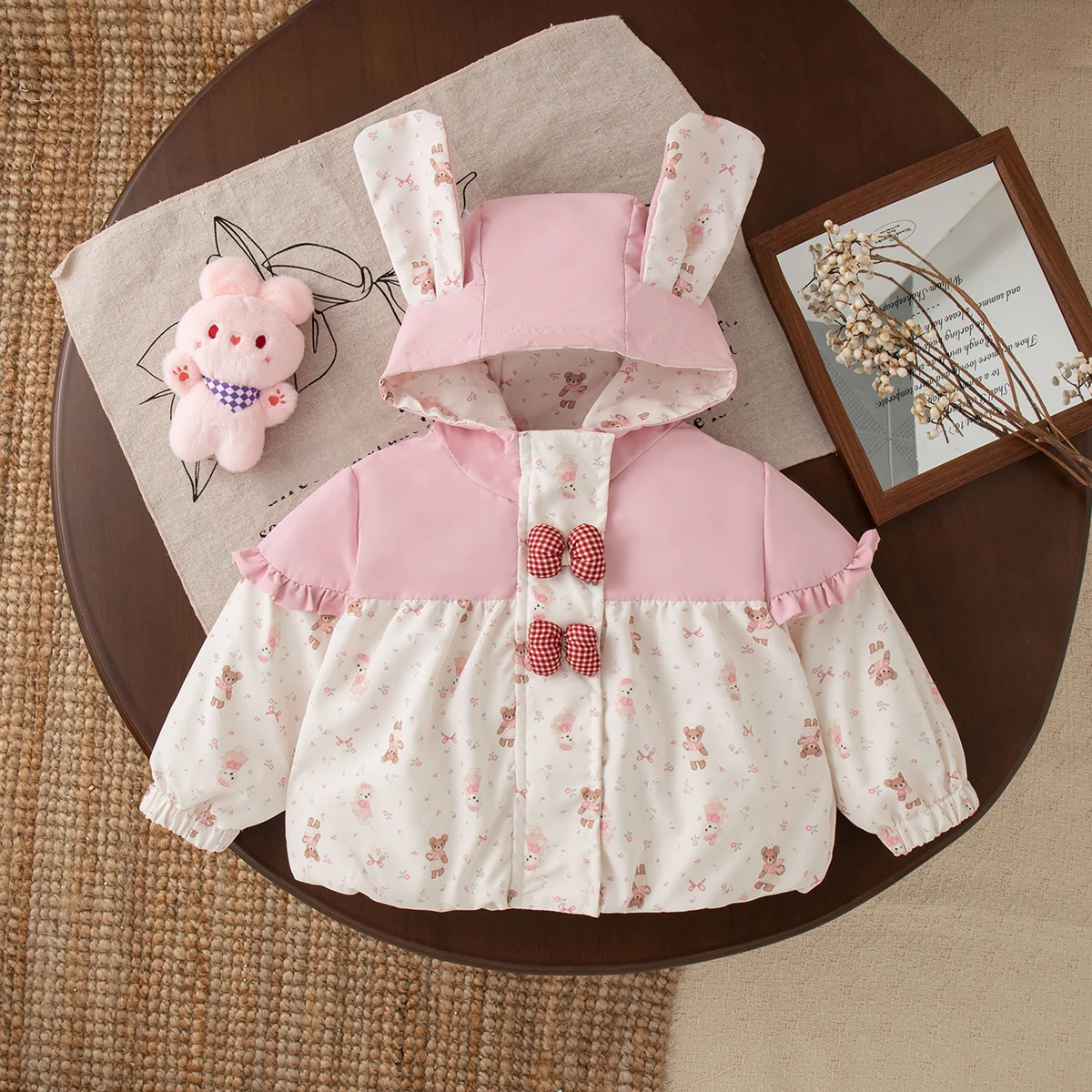 

Baby Girl Outerwear Spring/Autumn Bow Tie Color Block Hooded Rabbit Ears Girl Jacket Cartoon Cute Baby Baby Girl Clothes