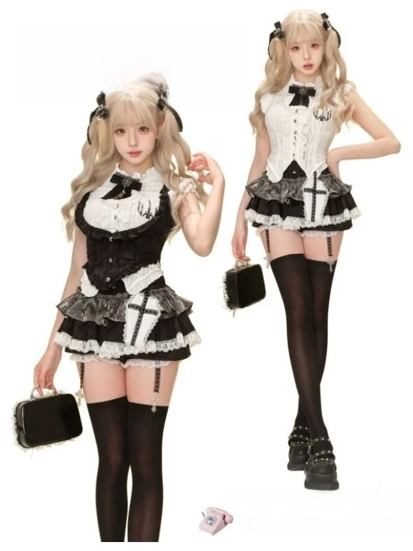 

Sweet Cool School Uniform Set Hollow out Shirt with Belted Waist Overalls Puffy Cake Skirt Three Piece Set Short Sleeve round...