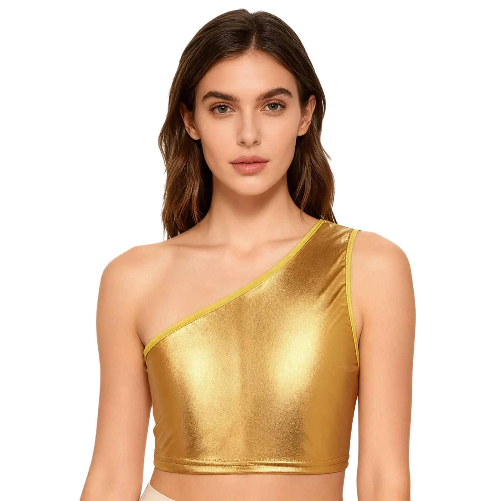 

Women One Shoulder Sleeveless Shiny Metallic Cropped Vest Jazz Dance Stage Performance Tops for Music Festival Rock Club Wear