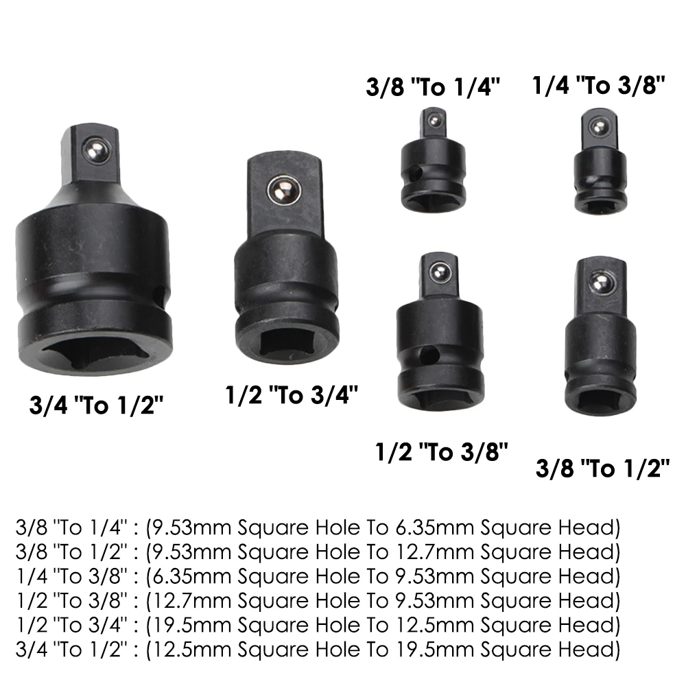 6pcs Socket Convertor Adaptor Reducer Set 1/2 to 3/8 3/8 to 1/4 3/4 to 1/2 Impact Socket Adaptor for Bicycle Garage Repair Tool