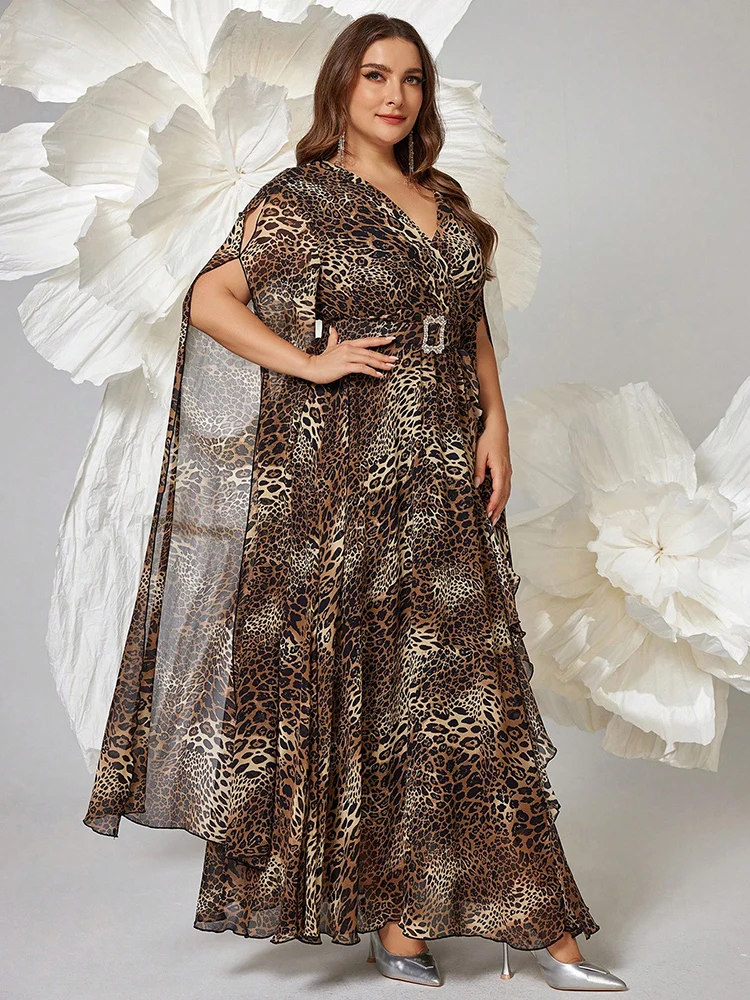 TOLEEN Plus Size Women\'s V-Neck Long-Sleeve Maxi Leopard Print Dress 2024 New Luxury Elegant Formal Party Evening Maxi Dresses