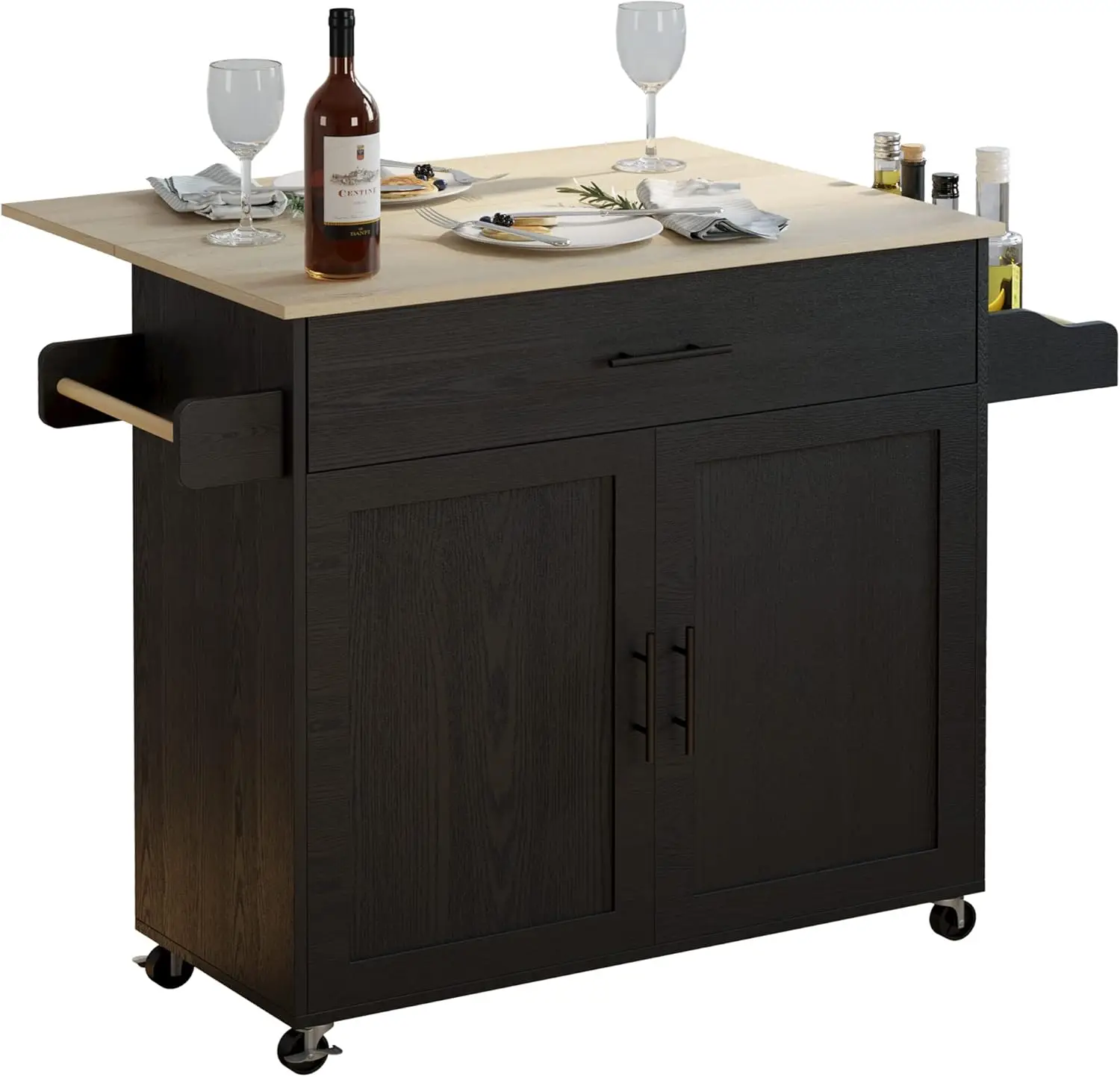 Rolling Kitchen Island with Drop Leaf, Storage Cabinet, Drawer, Spice Rack, and Wheels in Black