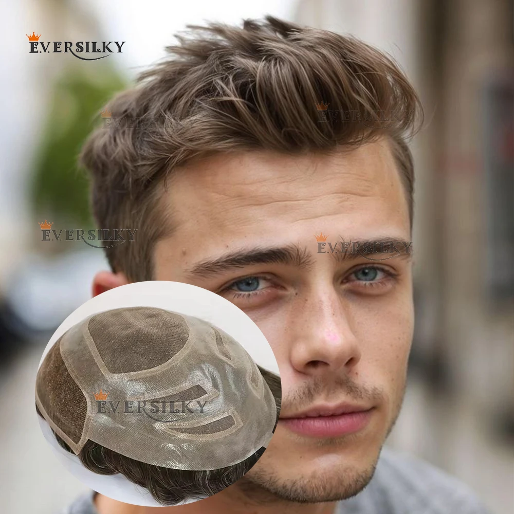 

Man's Wigs Versalite Swiss Lace Front PU Men Hair Prosthesis #18 #550 Brown Grey Human Hair Indian System Natural Hairline Wigs