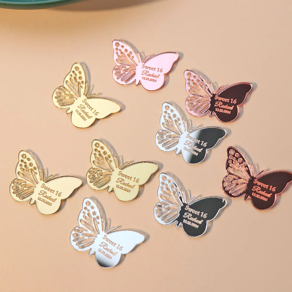 Étiquettes papillon personnalisées en acrylique avec noms gravés, décoration cadeau pour fête prénatale, baptême, fête de mariage, invité