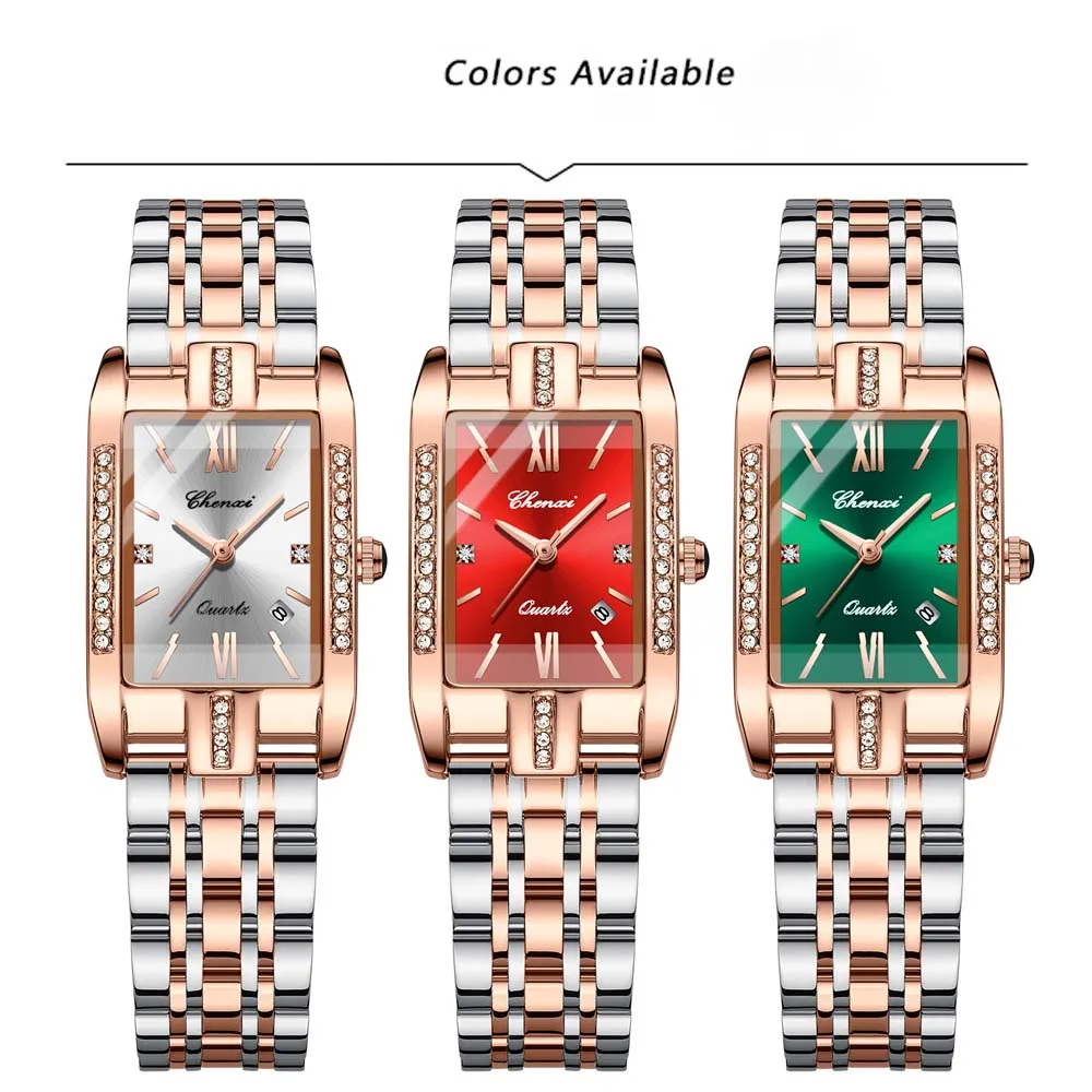 CHENXI ใหม่สแควร์สุภาพสตรีนาฬิกาวันที่แสดงสายสแตนเลสแข็งเพชรเน้นแฟชั่นนาฬิกาควอทซ์สําหรับผู้หญิง