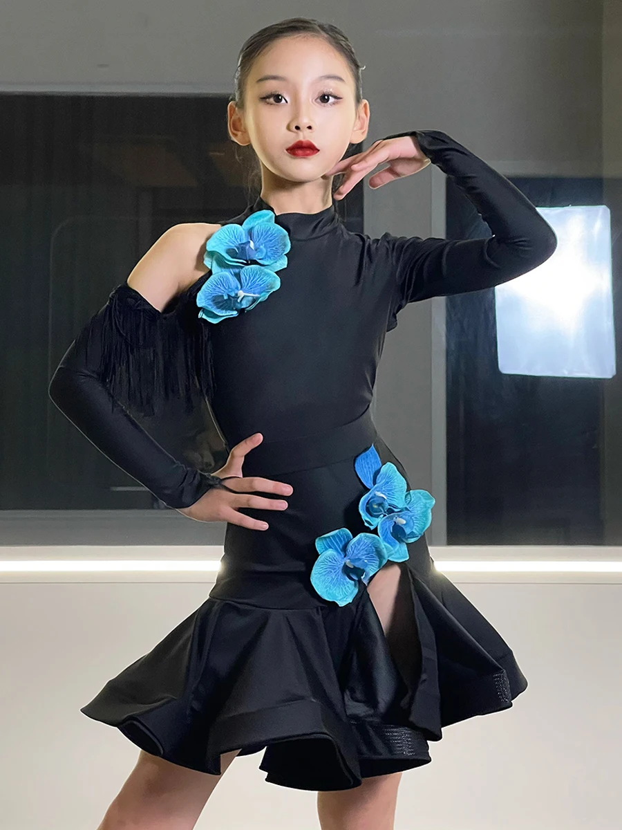 New Girls Latin Dance Dress Kids Winter Latin Ballroom Dance Clothes Blue Flower Black Long Sleeves Competition Dress