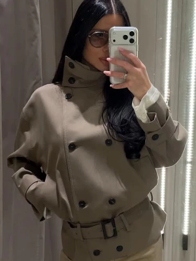 

HH Female High Street Short Jacket 2026 Women Fashion Coat Double Breasted Belt Pocket Decoration Long Sleeves Casual Loose