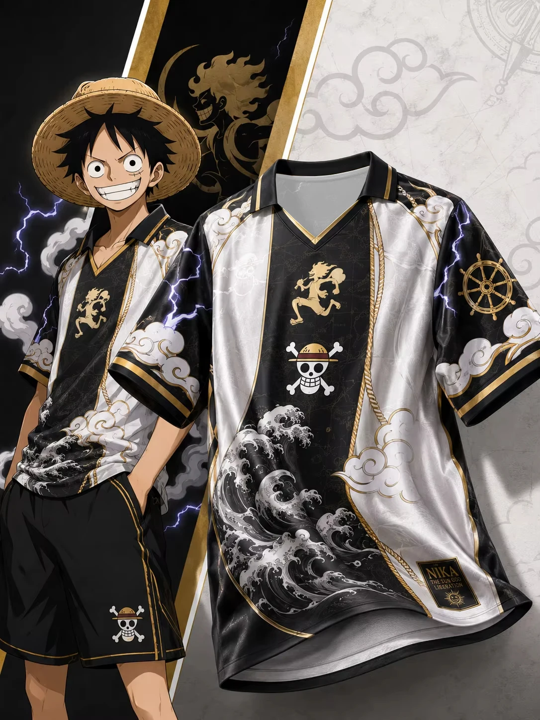 Hot Toys Nika Luffy One Piece Harajuku V Neck Collared Polo Football Jersey Trendy Casual Street Sports T Shirt Family Matching