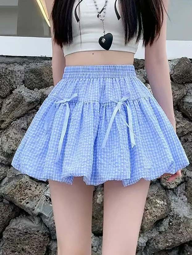 Korean-style checkered bow high-waisted cake dress for women, slimming and versatile A-line skirt for summer 2026