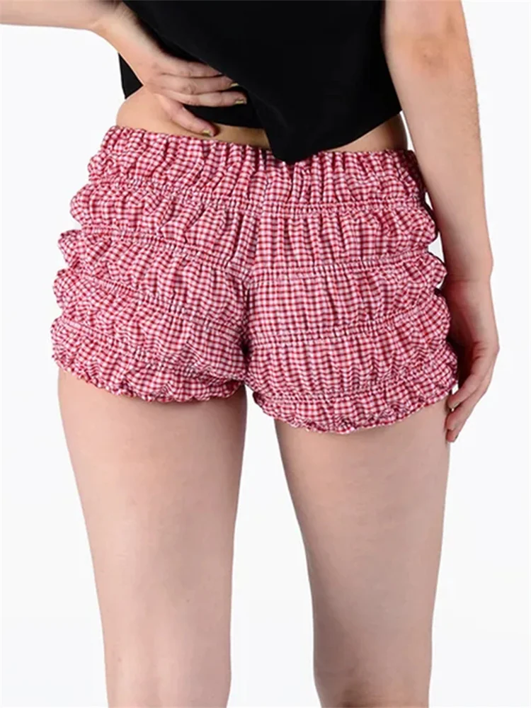 Chic Women's Summer Shorts Plaid Print Frill Ruched Slim Short Pants Casual Lounge Shorts Bloomers Beachwear