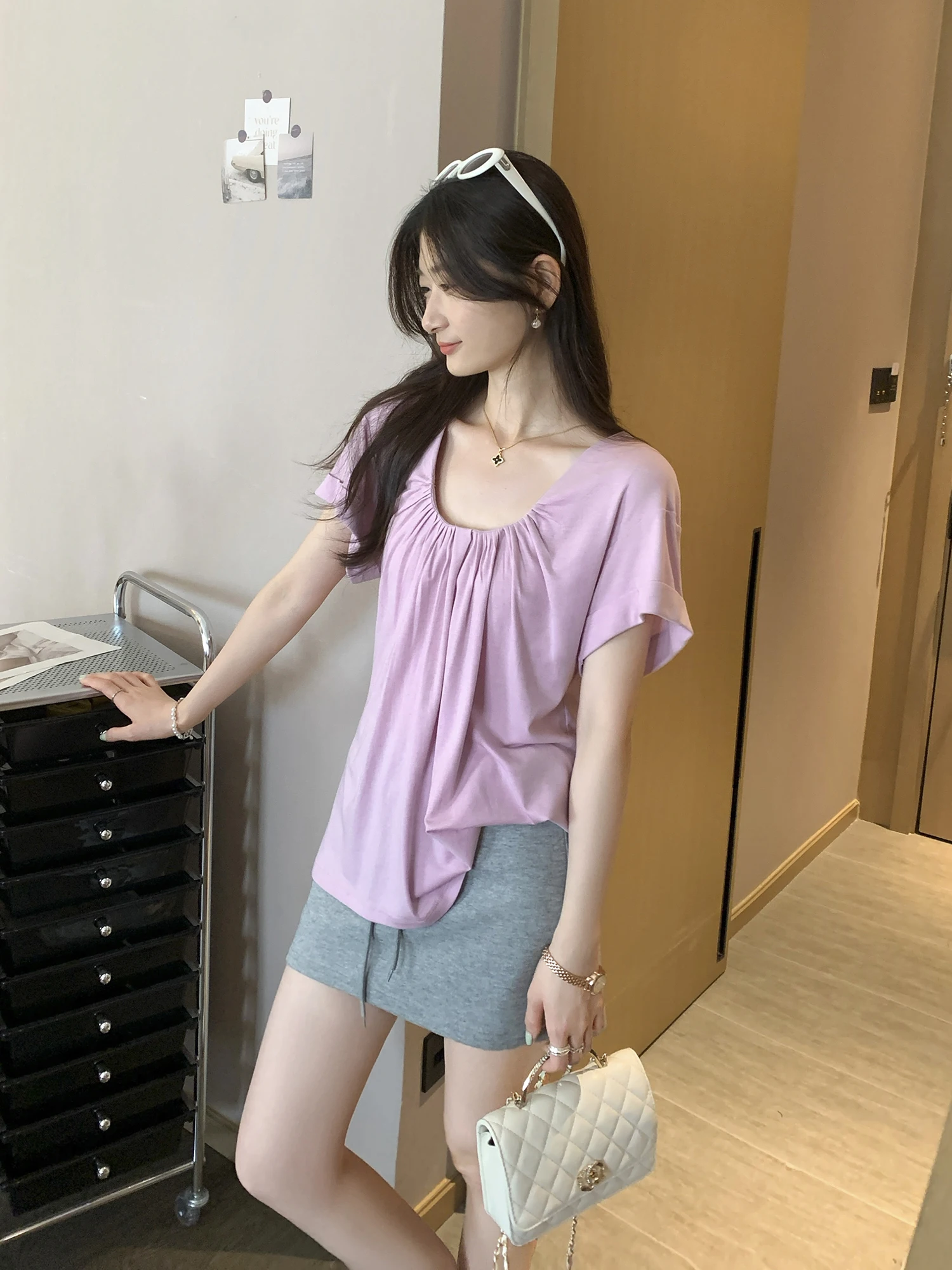 Laceuller Silk Wool Women's T-shirt U-neck Short Sleeve Pleated Summer New Style Simple Elegant High-grade Top Korean Style