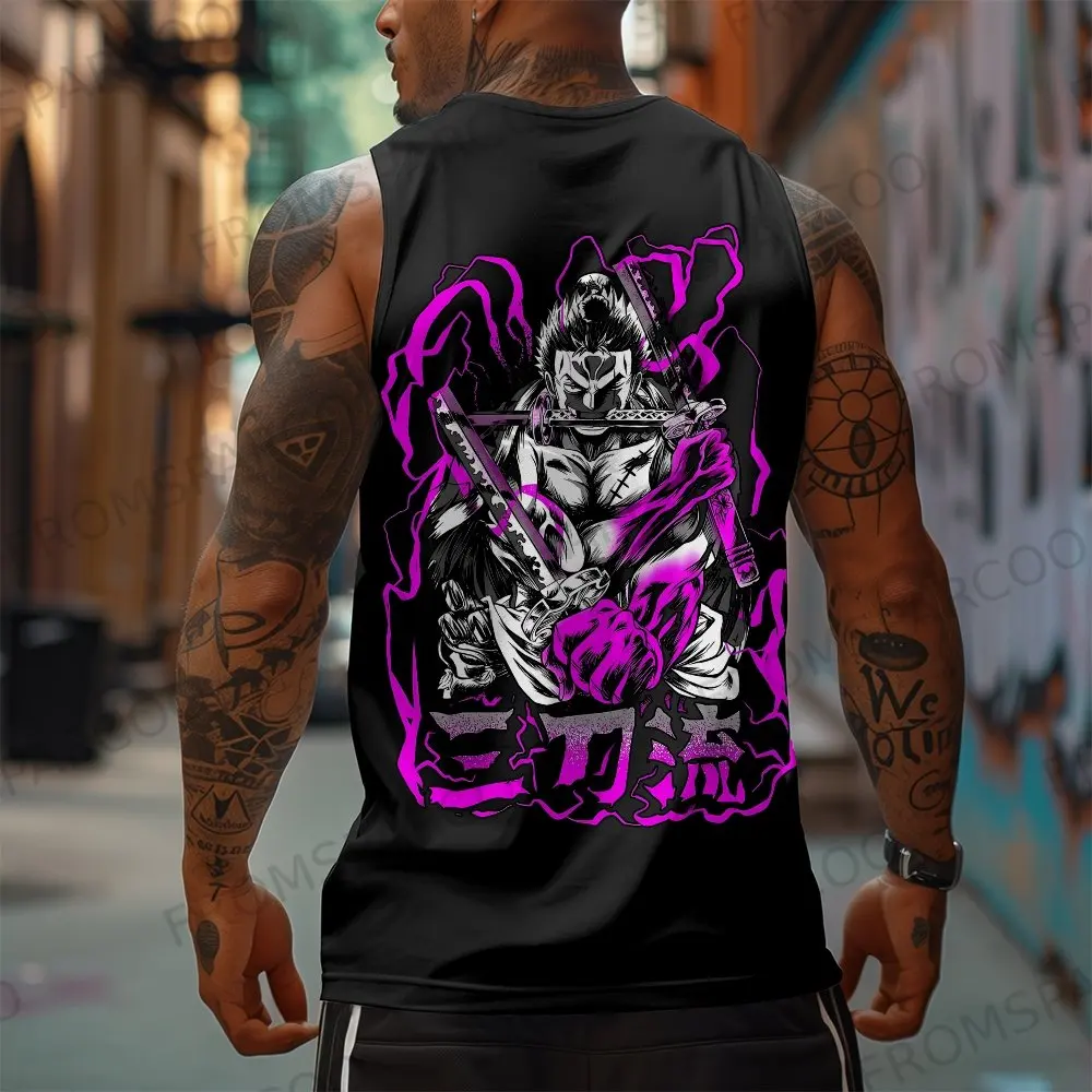 

Мужская майка без рукавов с принтом на спине в стиле аниме, черно-белая линия, рубашка без рукавов с мышцами, фиолетовая уличная одежда с молнией