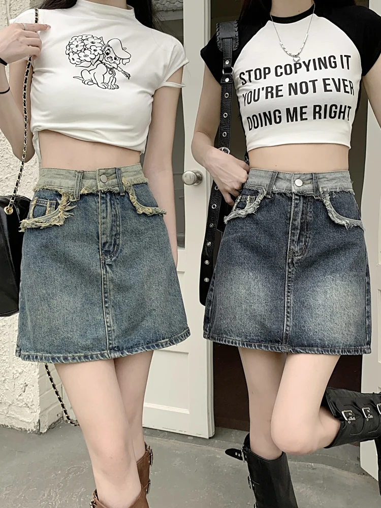 Rétro américain épicé fille a-ligne jupe en jean femmes grande taille taille haute minceur f jupe coréenne Sle trajet pur...