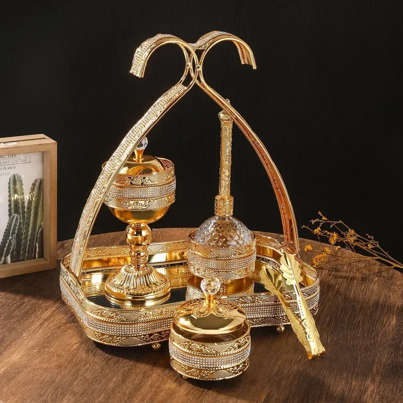 Arabic Style Gold Wrought Iron Incense Burner Holder Home Decor Ornament Wedding Party Aromatherapy Gift Set Middle Eastern