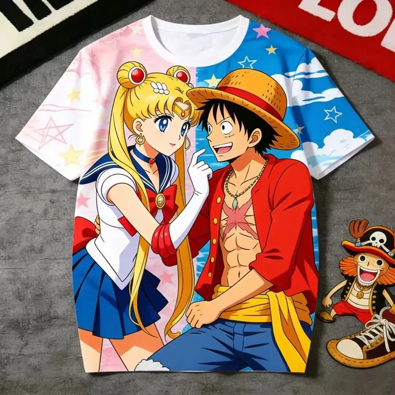 One Piece Summer New  Luffy x Sailor Moon 3D All Over Print Breathable Pink Blue Split Anime Streetwear Unisex Casual Tee