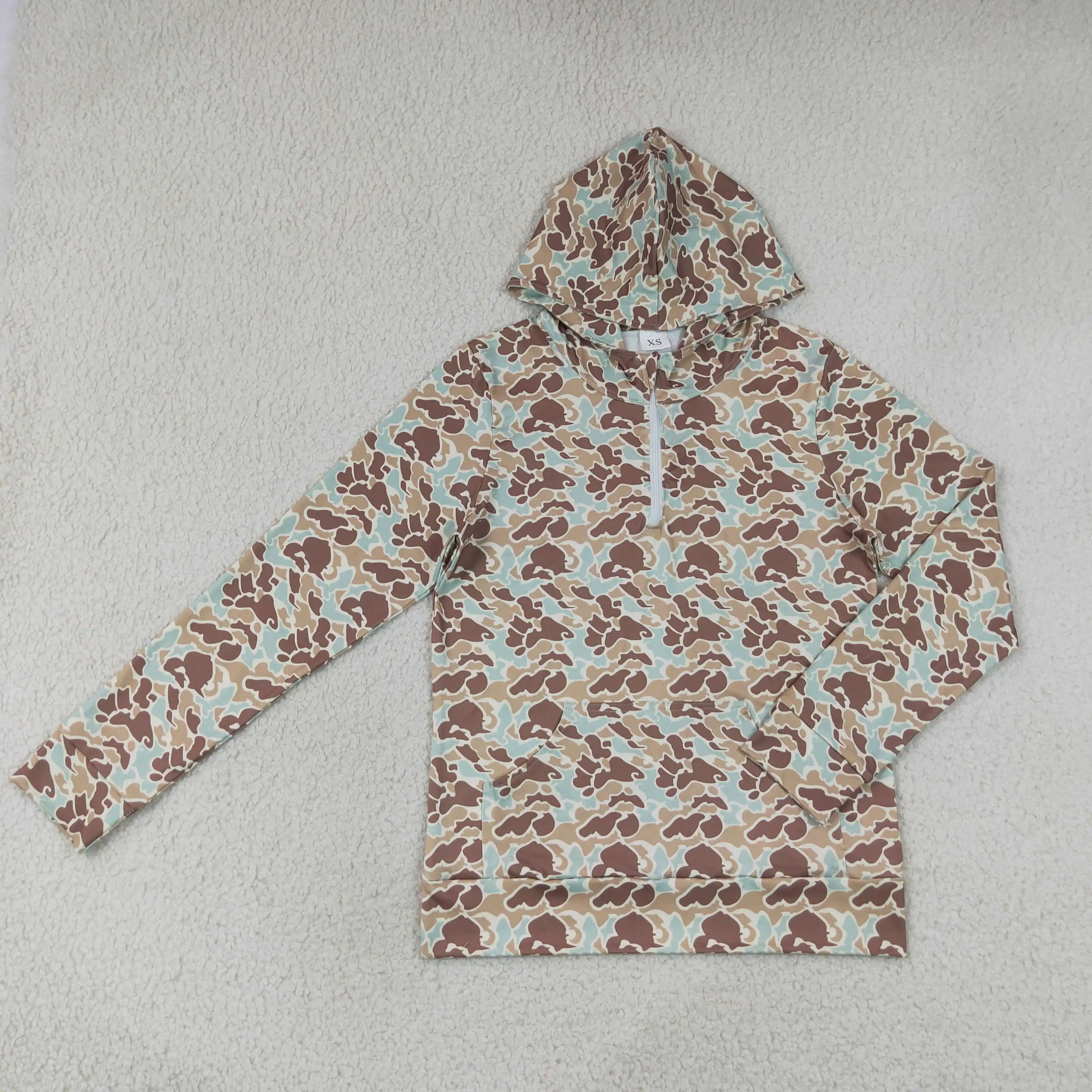 Wholesale Long Sleeves Adult Women Zipper Shirt Green Brown Camo Print Pocket Pullover Clothing