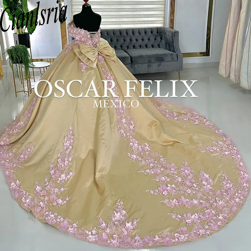 Gold Princess Off The Shoulder Ball Gown Quinceanera Dresses With Pink 3D Flowers Appliques Beading Corset Vestidos De 15 Años