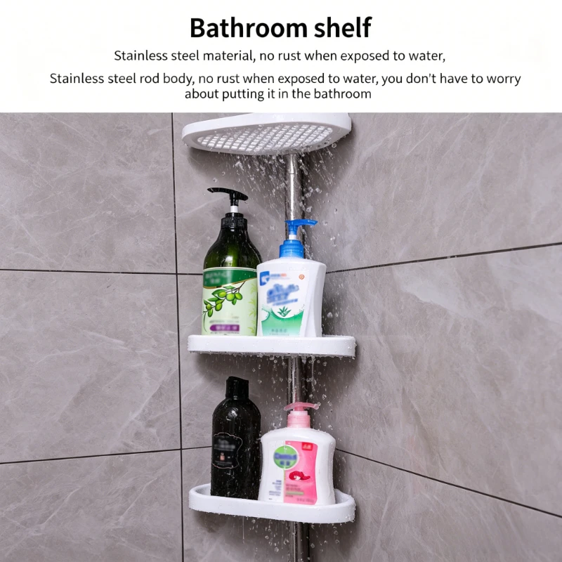 No Drill Tension Pole Bathroom Corner Shelf Adjustable Stainless Steel Shower Caddy with Drainage Tray for Toiletries Storage 3