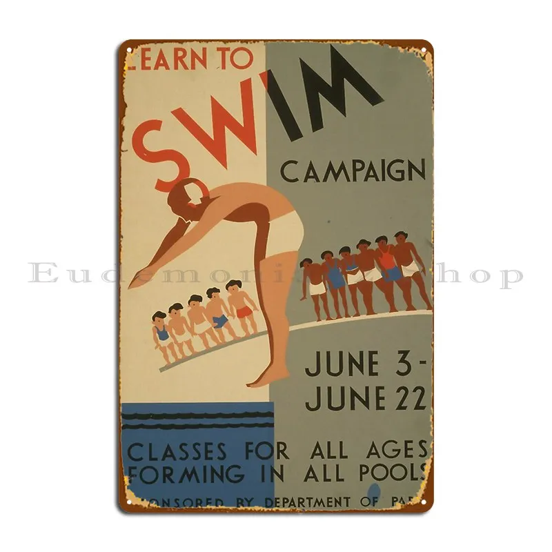 تعلم السباحة حملة خمر ملصق 1940 S علامة معدنية سينما حانة غرفة المعيشة تصميم مخصص تين تسجيل ملصق