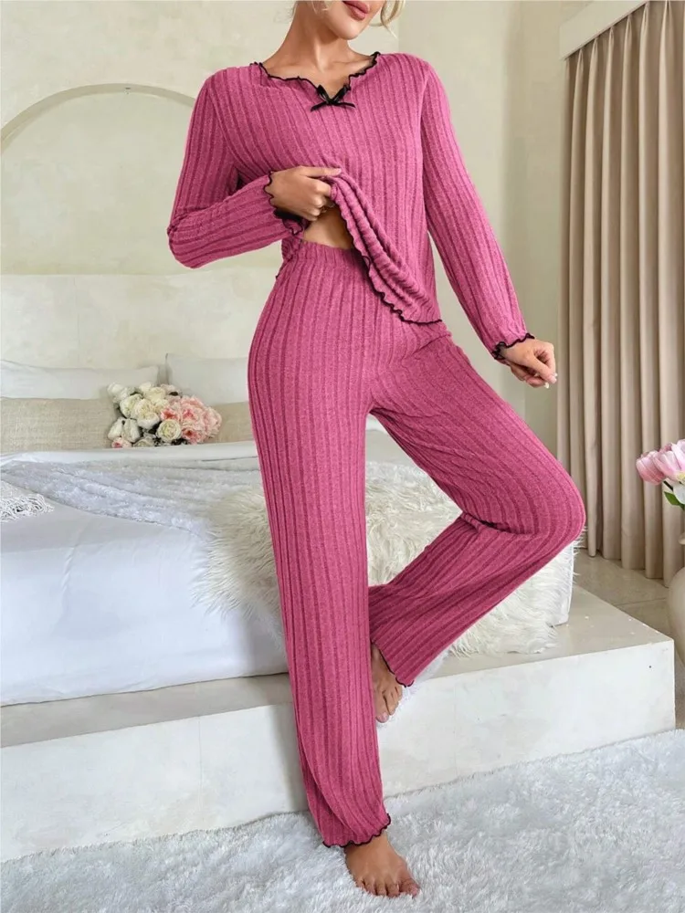 

Woman Casual Home Comfort Two-Piece Set Fashion Black Border V-neck Top Long Pants Pajamas Suit Lady Autumn Winter Loose Nighty