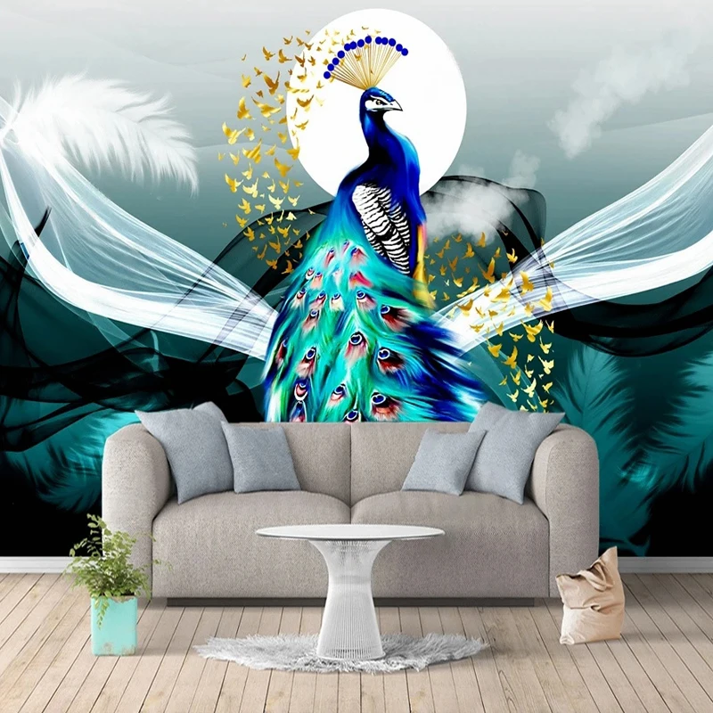 

New Chinese Mural Wallpaper Feathers Moonlight Peacock Pattern TV Sofa Living Room Bedroom Background Wall Decoration Painting