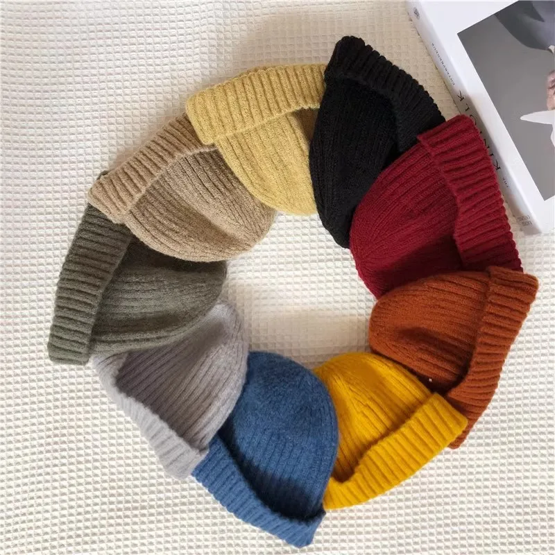 Winter Knitted Wool Baby Hat Solid Color Warm Infant Beanie Cap Korean Vintage Hip Hop Dome Kids Docker Melon Hats