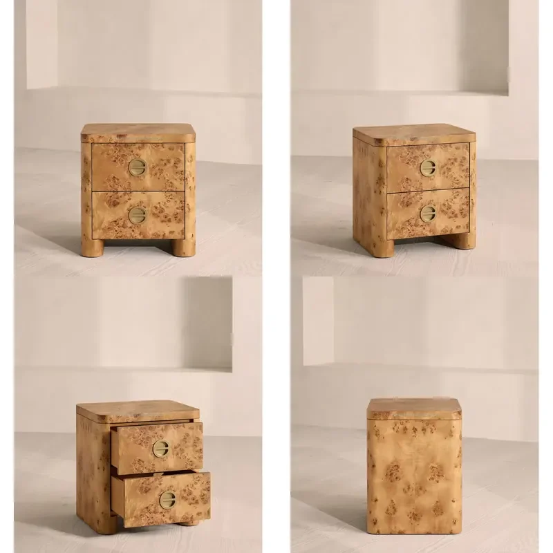 Burl Wood Nightstand, 2 Drawer Bedside Table with Solid Brass Semi-Circular Pull Handles, Mid-Century Modern End Table