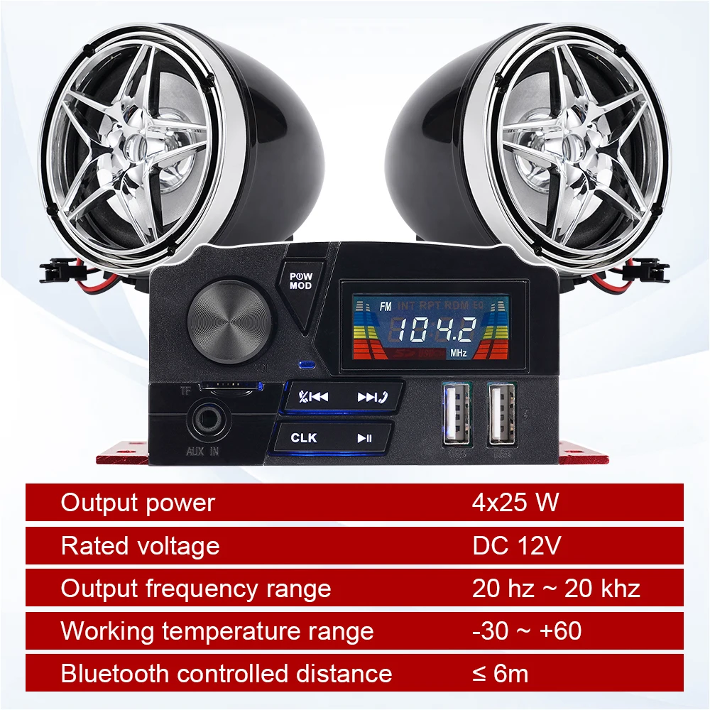 12V Universal Motorcycle Audio System With Color Screen 100W TF USB MP3 Anti-theft Wireless Control APP Control Hands-free Call
