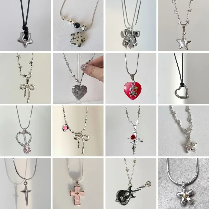 Moda y2k bonito coração arco pentagrama criativo pingente colar de aço inoxidável para mulheres moda picante festa jóias acessórios