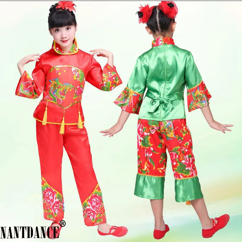 New Year Red Hanfu children\'s Girls Traditional Suit National Younger Style Clothing Fan Yangko Stage Dancing Clothes Costumes