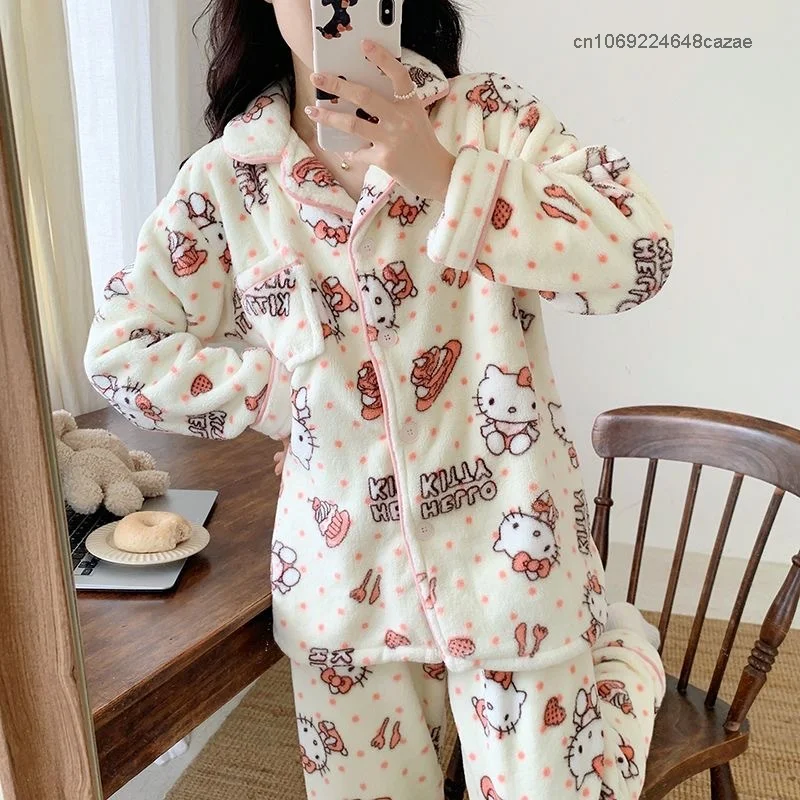 Sanrio Hello Kitty Plush Pajama Suit Women Korean Fashion Home Clothes 2 Piece Set Coral Velvet Tops Trousers Y2k Cute Sleepwear