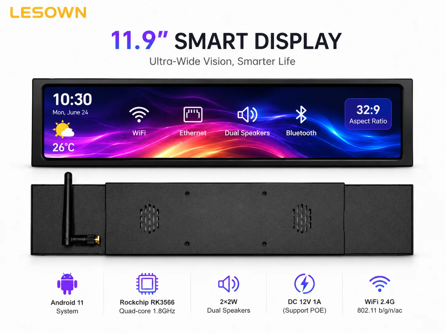 LESOWN 11.9 Inch Android 11 Bar Monitor 32:9 Aspect Ratio 1480x320 RK3566 2GB 16GB HDTV Smart Screen for Counter