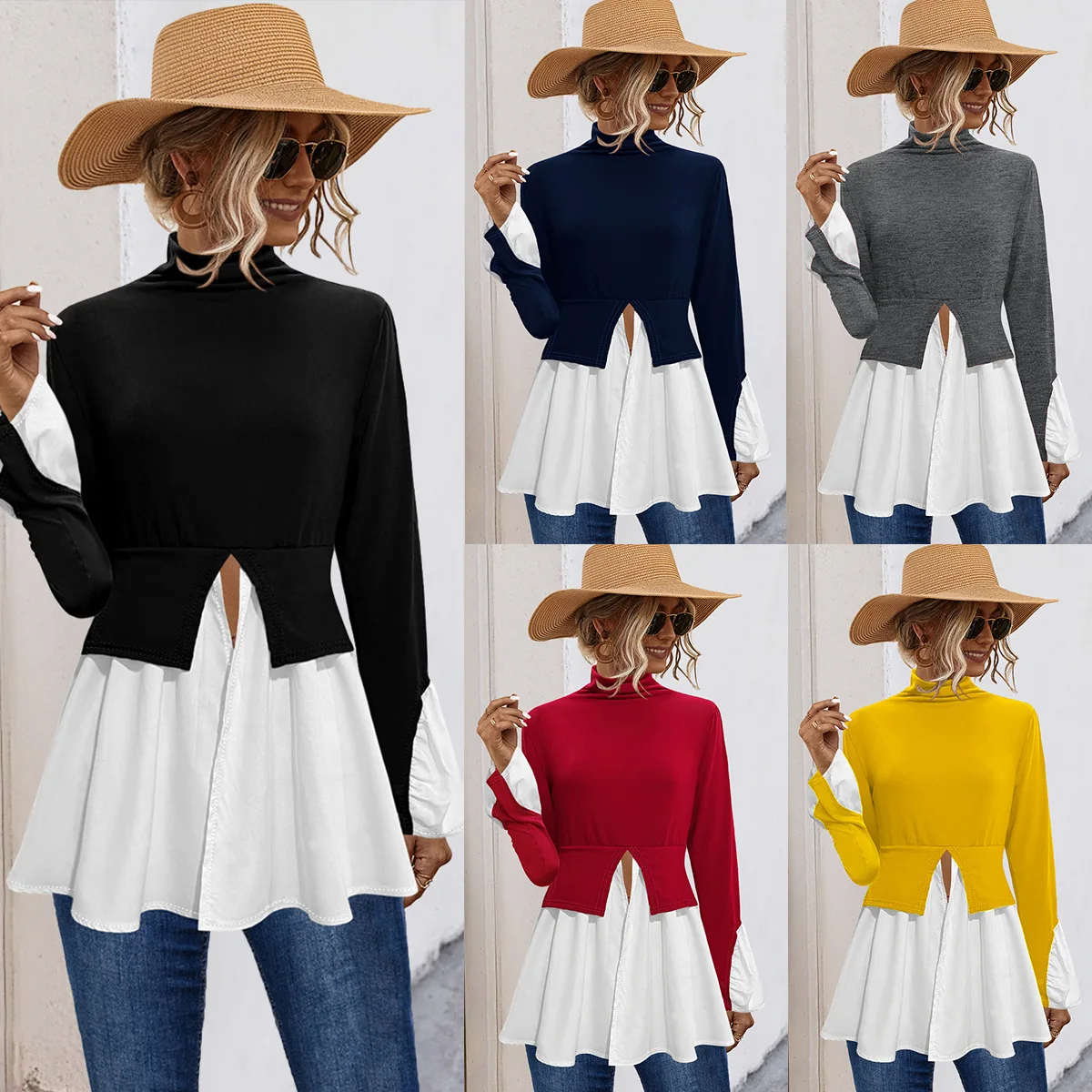 2024 New Women's Fashion, Temperament, Leisure, Sexy, Slim Fit, Elegant, Irregular Ruffle Edge High Collar Spliced Shirt