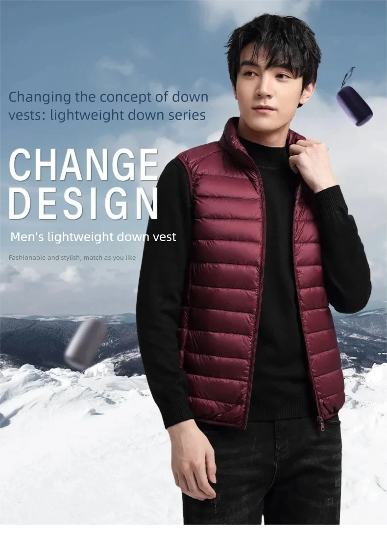 Men's Winter Sleeveless Puffer Vest Jacket Packable White Duck down Waistcoat Lightweight Waterproof Casual Coat