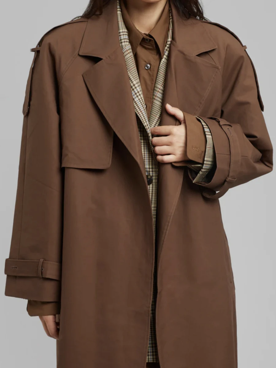 TWOTWINSTYLE Solid Loose Spliced Lace Up Trench for Women Lapel Long Sleeves Patchwork Pockets Fashion Coat Female Clothing New