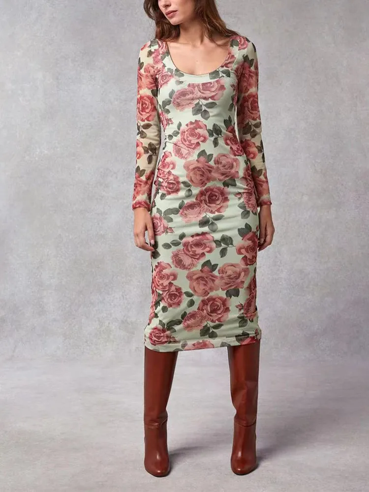 

Women O-Neck Slim Mid-Calf Robe Floral Print Long Sleeve New 2024 Spring Female Dress