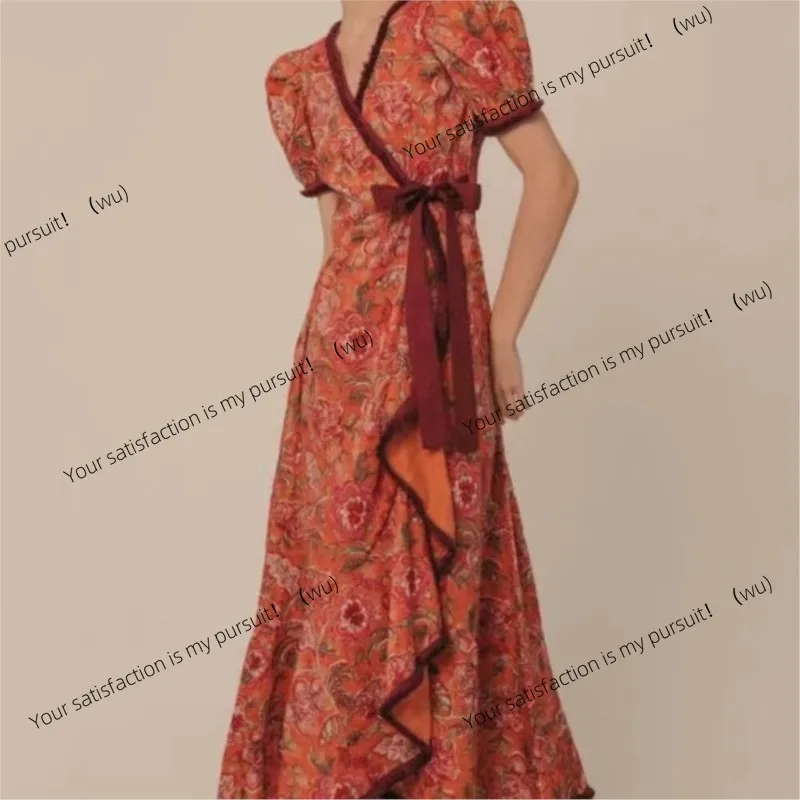 

ZOCI-Women's long lace-up retro floral print dress, new spring products, V-neck, elegant, flared sleeves, charming dress
