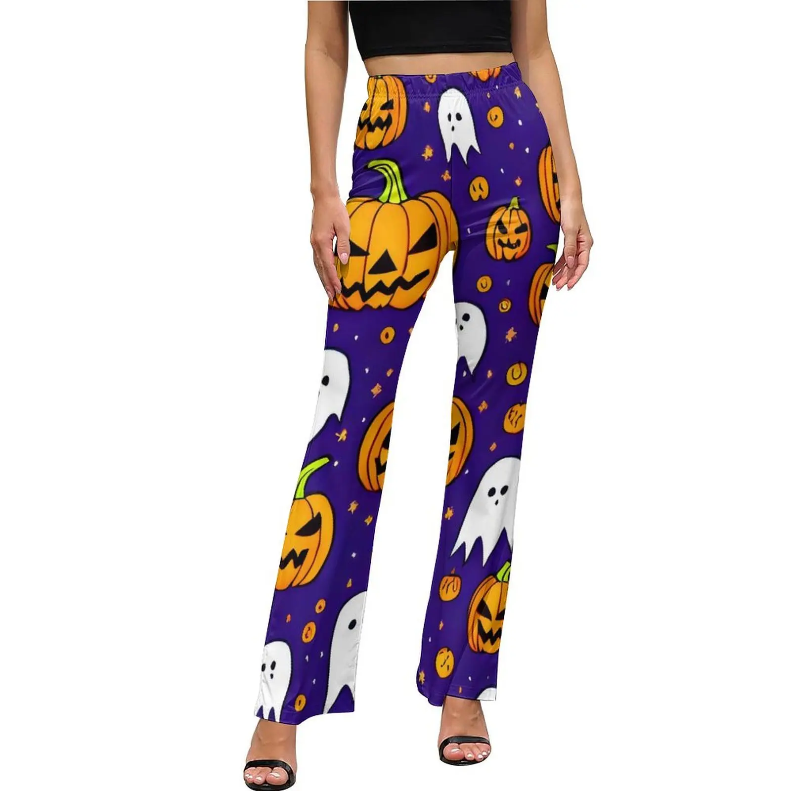 

White Ghost Casual Pants Summer Halloween Pumpkins Night Club Custom Flared Trousers High Waist Slim Stretch Aesthetic Pants