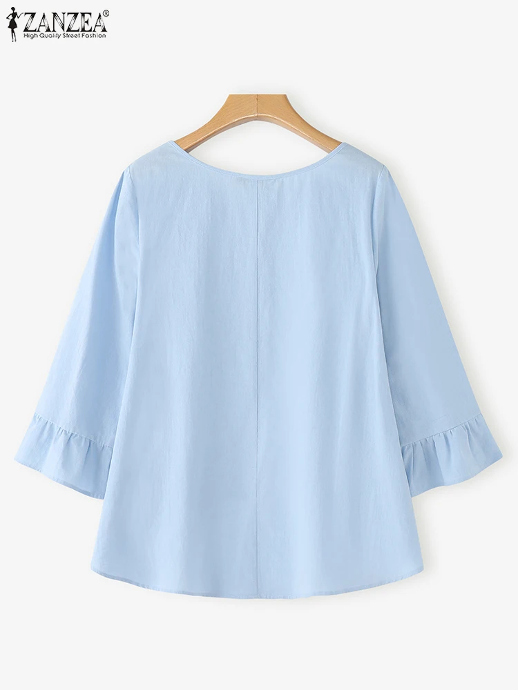 Zanzea 2025 outono casual blusas altas-baixas das mulheres recorte o-pescoço algodão blusas mujer elegante babados guarnição 3/4 manga alargamento topos