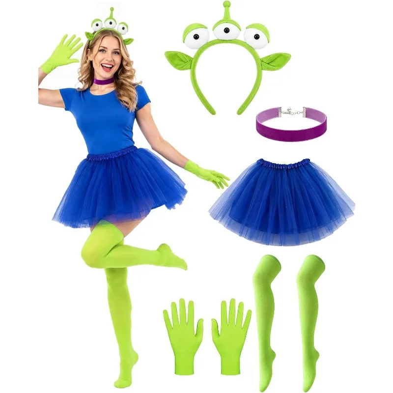 Three-Eyed  Alien Costume Accessories 5 Pcs Set for Women, Halloween Headband Tutu skirt Halloween Carnival Props