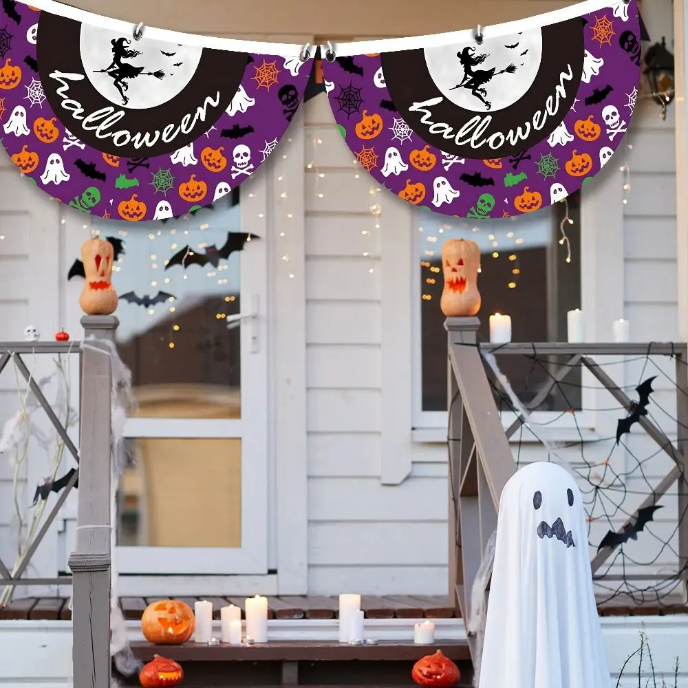 45*90cm Halloween Fan Flag Polyester Decorative Halloween Semicircle Flag with Grommets Ghost Pumpkin Bunting Flag Yard