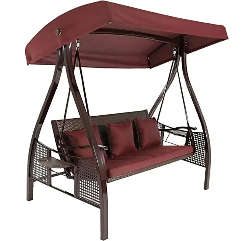 3-Seat Steel Frame Patio Swing with Canopy and 600lb Weight Capacity Maroon Cushions Outdoor Furniture Set Backyard Garden Deck