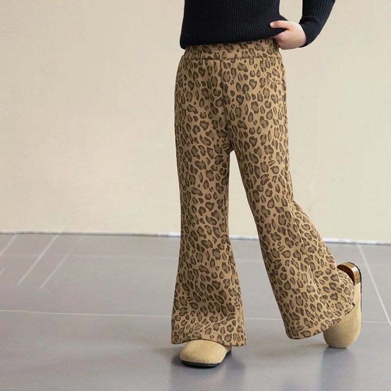 

2025 Autumn and Winter New Girls' Design Style Western-style Leopard Print Elastic Waist Bell Bottom Pants