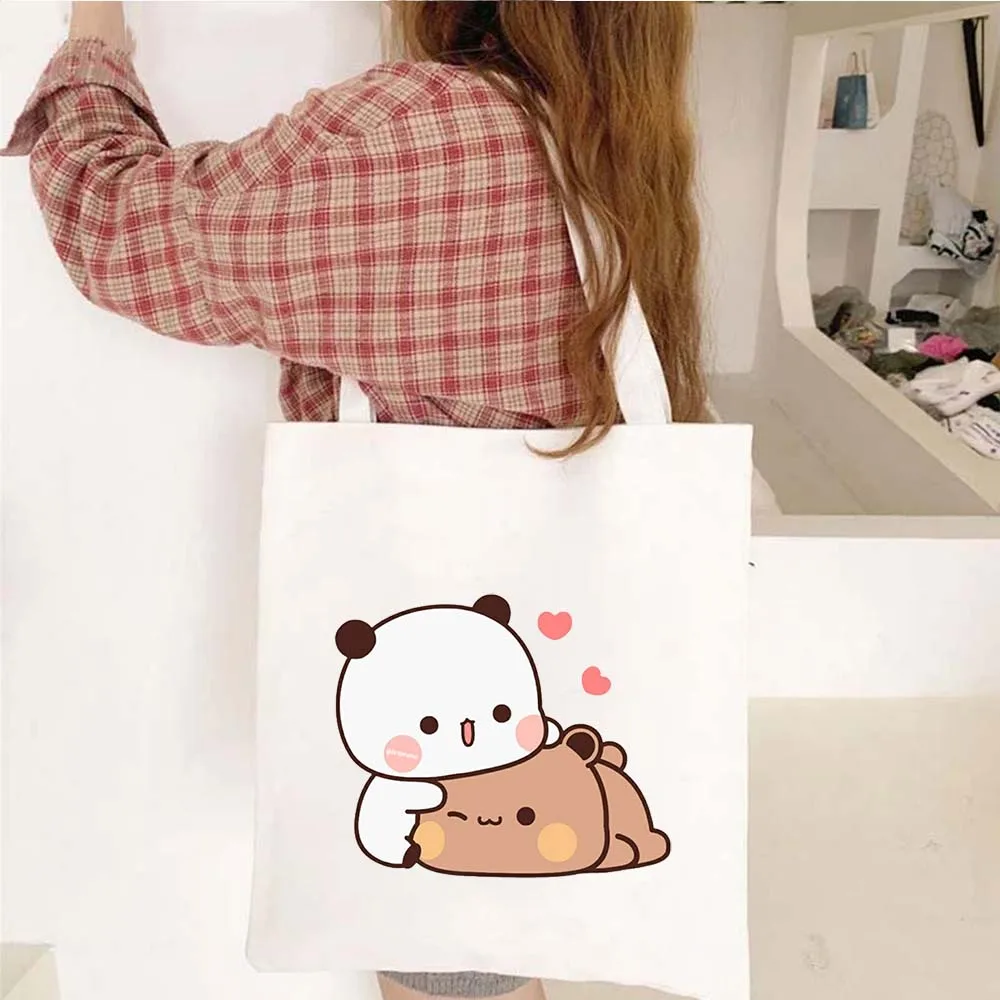 Cute Kawaii Panda Bear Shopper Canvas Tote Bag Brownie Bear Bubu Dudu Lovely Couple Anime Harajuku Foldable Shopping Bag Handbag