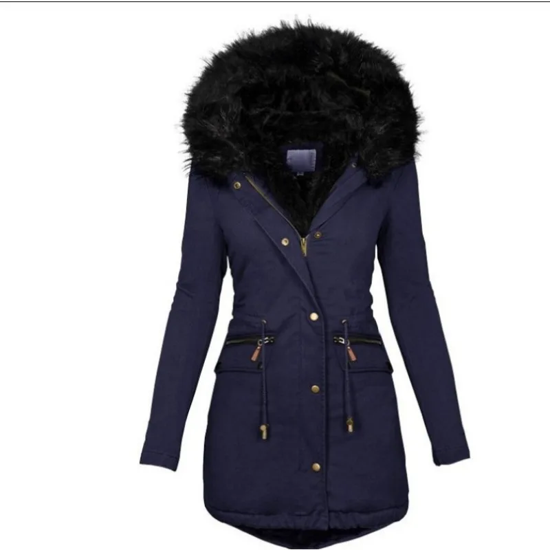 Women's Thick Cotton Jacket with Fur Collar Hooded Coat Mid Length Slim Waist Monochromatic Autumn Winter New