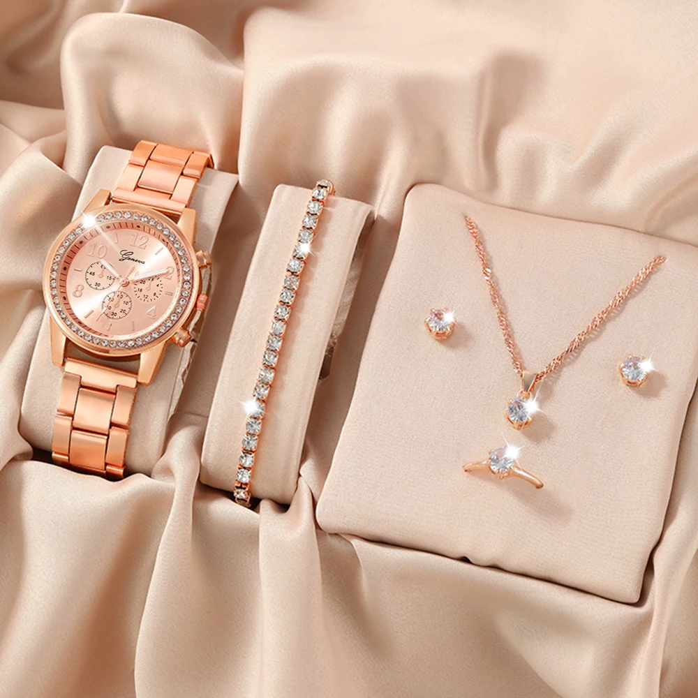 6pcs Women's Watch Fashion Casual WOMEN'S Quartz Watch and Necklace Bracelet Ring Earrings Jewelry Set