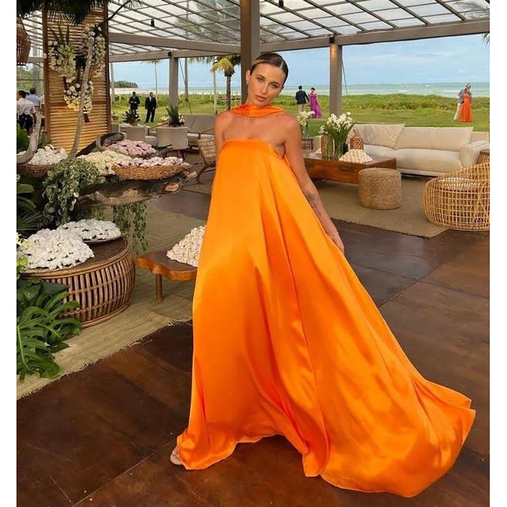 

Minimalist Orange Halter Evening Dress Dubai Saudi Arabia New Fashion Female Formal Banquet Party Prom Gowns