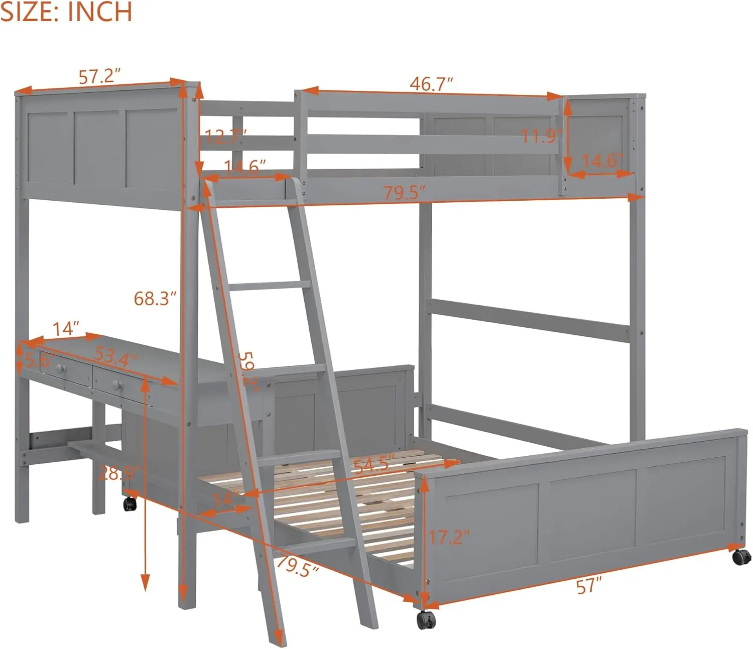 Tempat tidur susun penuh Modern dengan meja dan Laci, tempat tidur Platform penuh bentuk L dengan roda, rangka tempat tidur kayu Solid dengan tangga